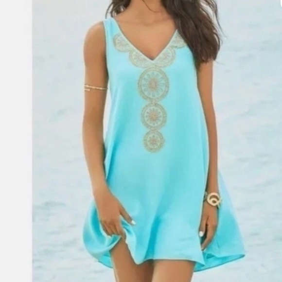 Lilly Pulitzer Turquoise Blue Gabby Shift Summer Dress Women’s XS Embroidered - Picture 1 of 8